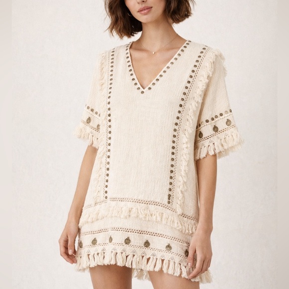 Spell & The Gypsy Alphie Smock Dress Cream Boho Tassel Mini Women’s Size Xxs